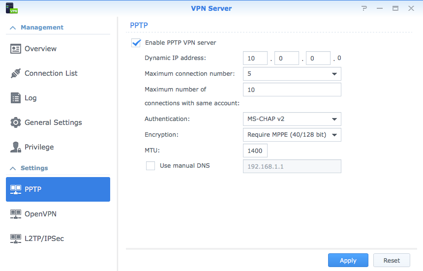 Synology PPTP settings