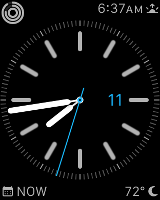 Current Watch face. Four complications: activity rings, sunset, Fantastical, Carrot Weather.