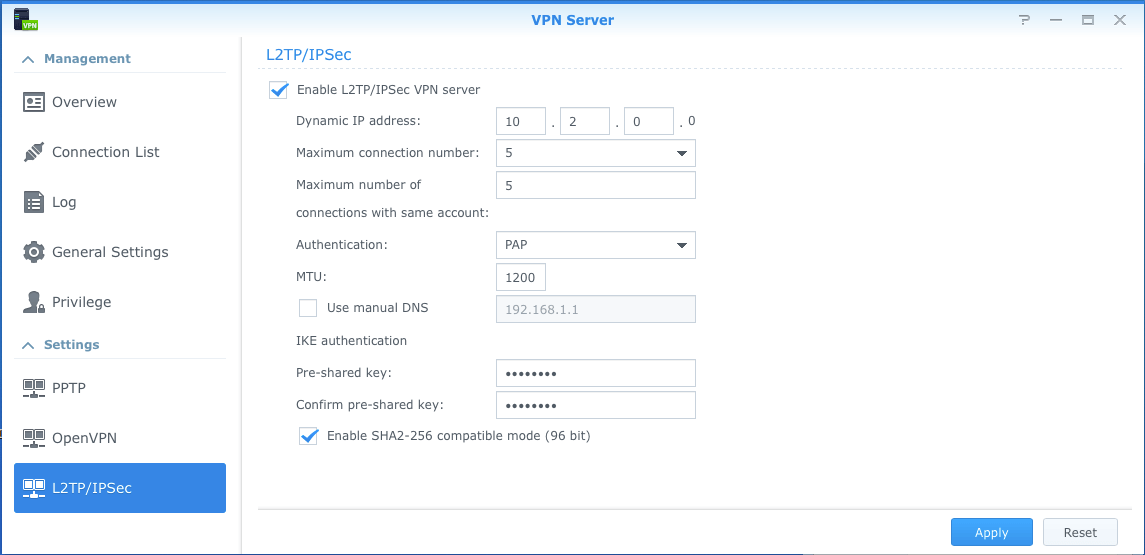 Setting up L2TP on the Synology