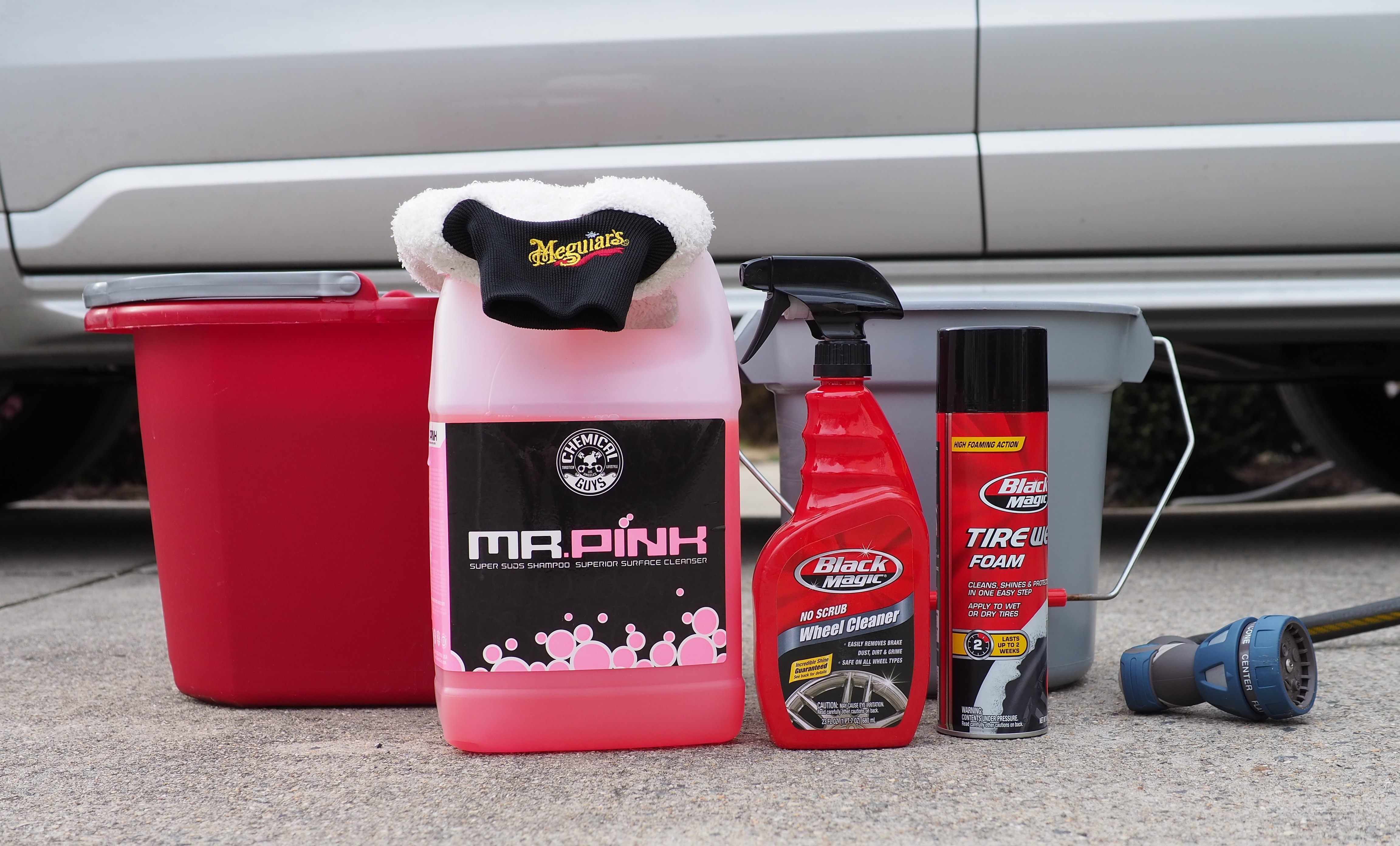 Car wash materials sitting in front of Erin's car