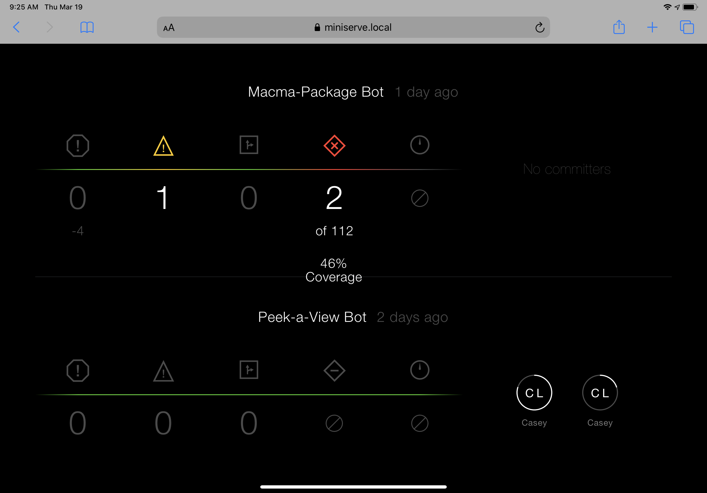 Safari on the iPad showing a large dashboard view of my Xcode bots