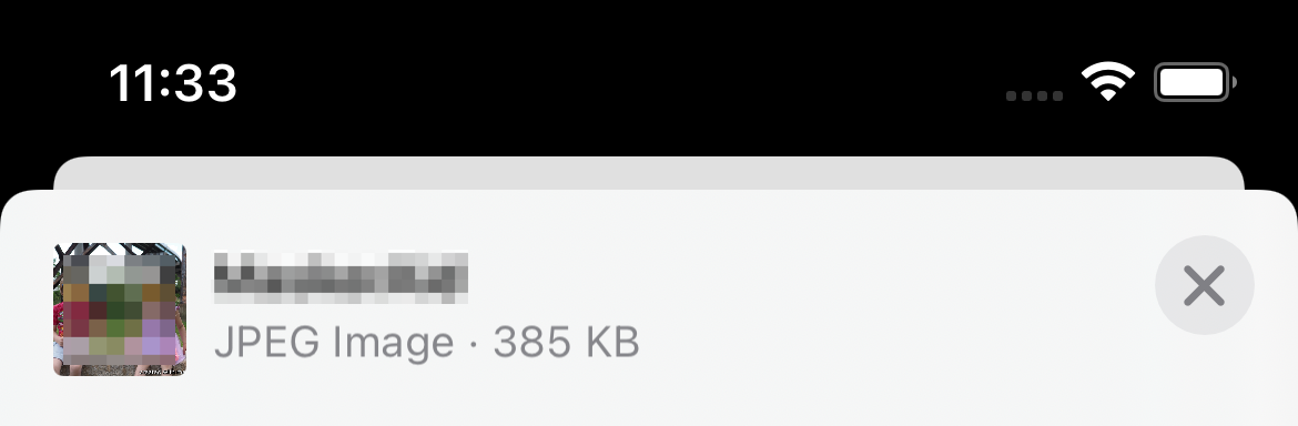 Top of a ShareSheet showing the thumbnail, app name, and "JPEG Image • 385 KB"
