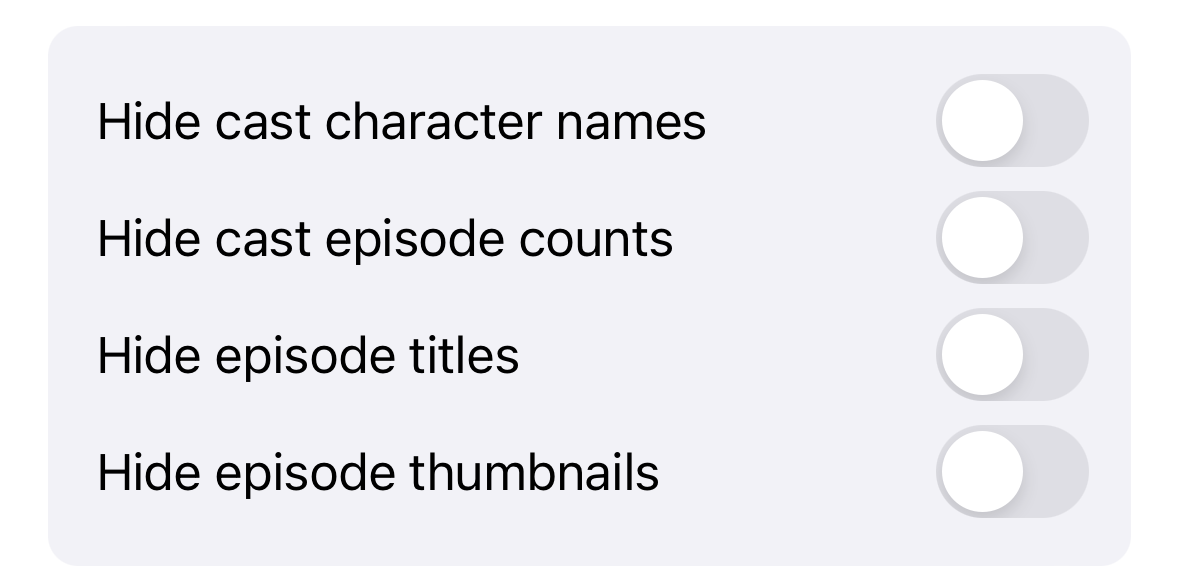 Screenshot of a series of four toggles that will hide data for TV shows