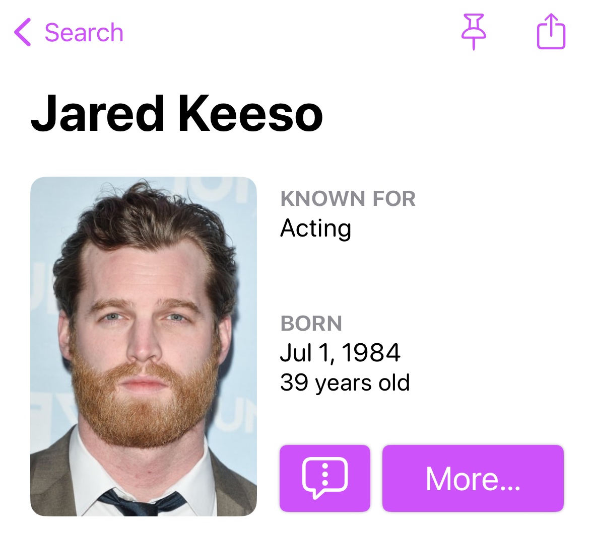 Screenshot showing Jared Keeso, his birthday of 1 July 1984, and his age (at the time of writing), 39 years old.