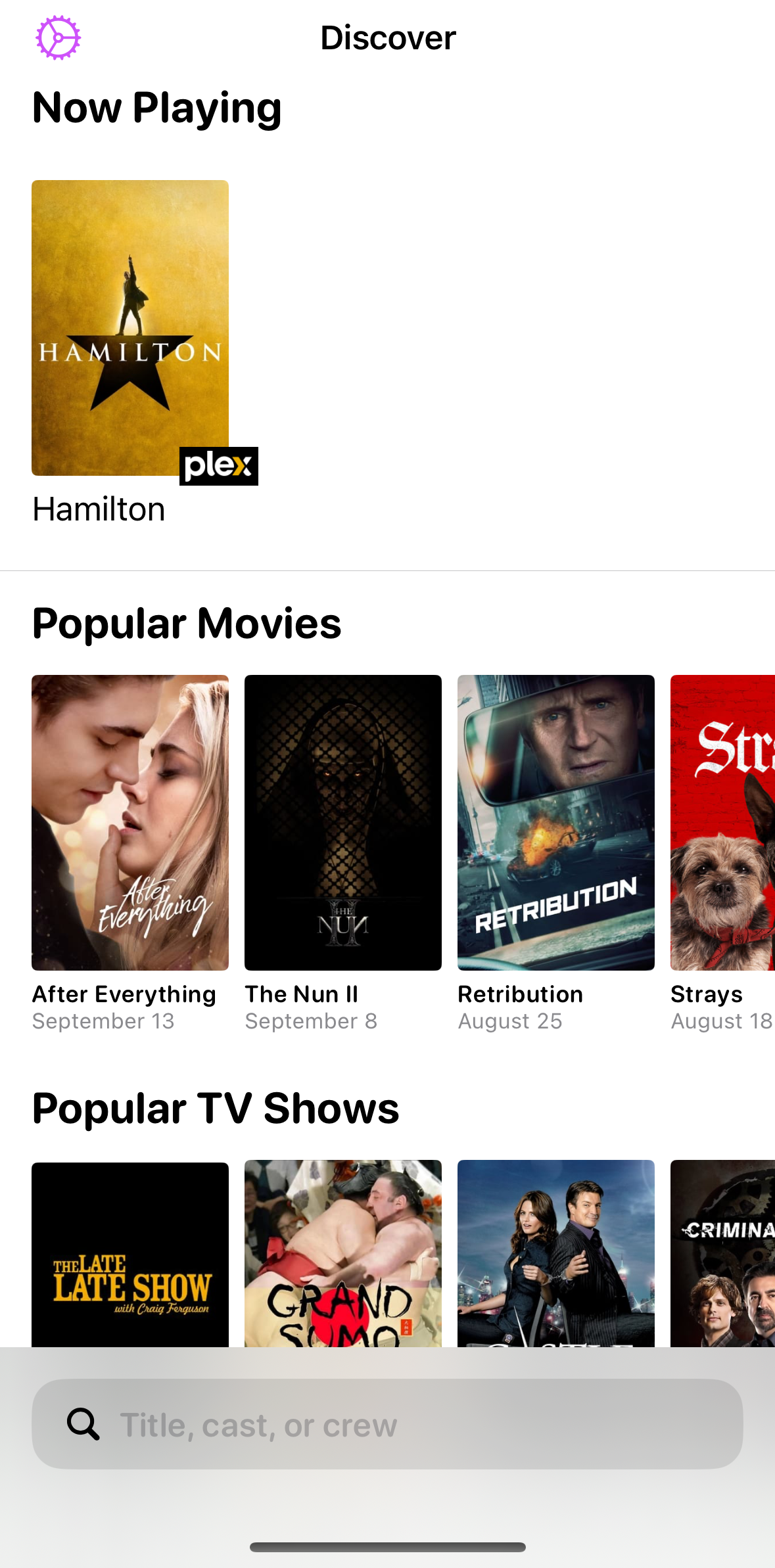 Screenshot of Callsheet's Discover screen, showing Plex playing Hamilton