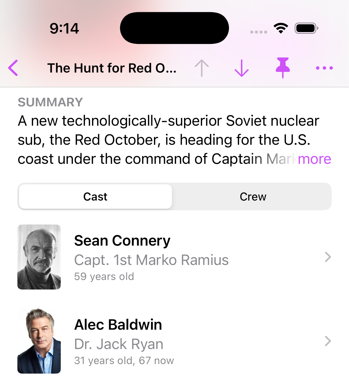 Screenshot of The Hunt for Red October in Callsheet, with Alec Baldwin and "31 years old, 67 now".