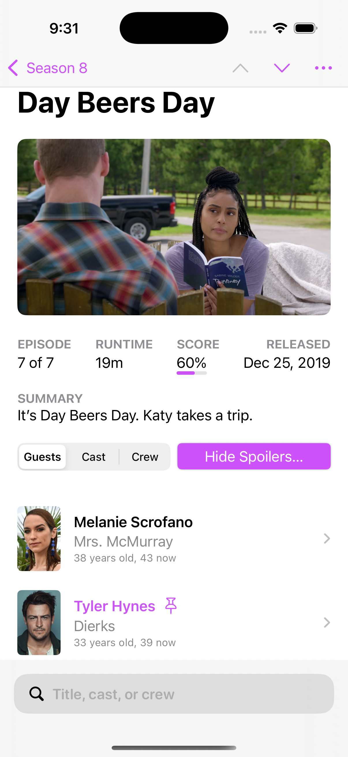 Screenshot of the Letterkenny episode "Day Beers Day" in Callsheet, showing actor Tyler Hynes highlighted in the Callsheet accent color, with a pin next to his name.