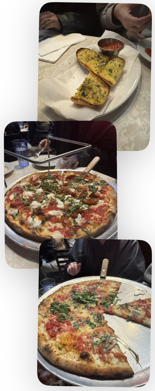 Screenshot of three photos; one of garlic bread, two of pizzas.