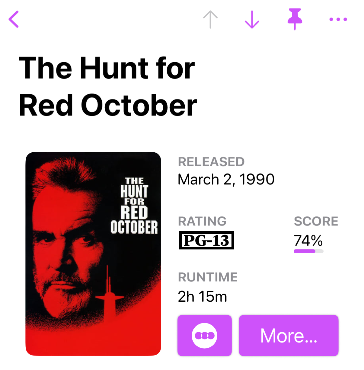 Screenshot of The Hunt for Red October in Callsheet, with Letterboxd as the Quick Access Link.
