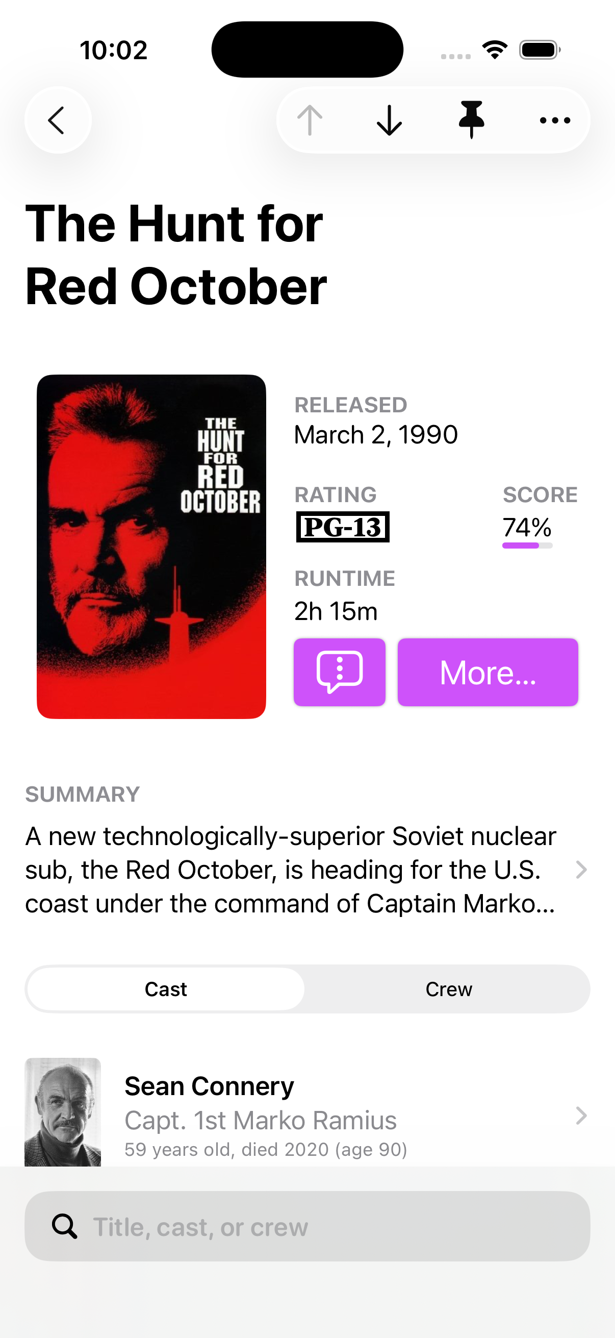 Screenshot of Callsheet showing "The Hunt for Red October"