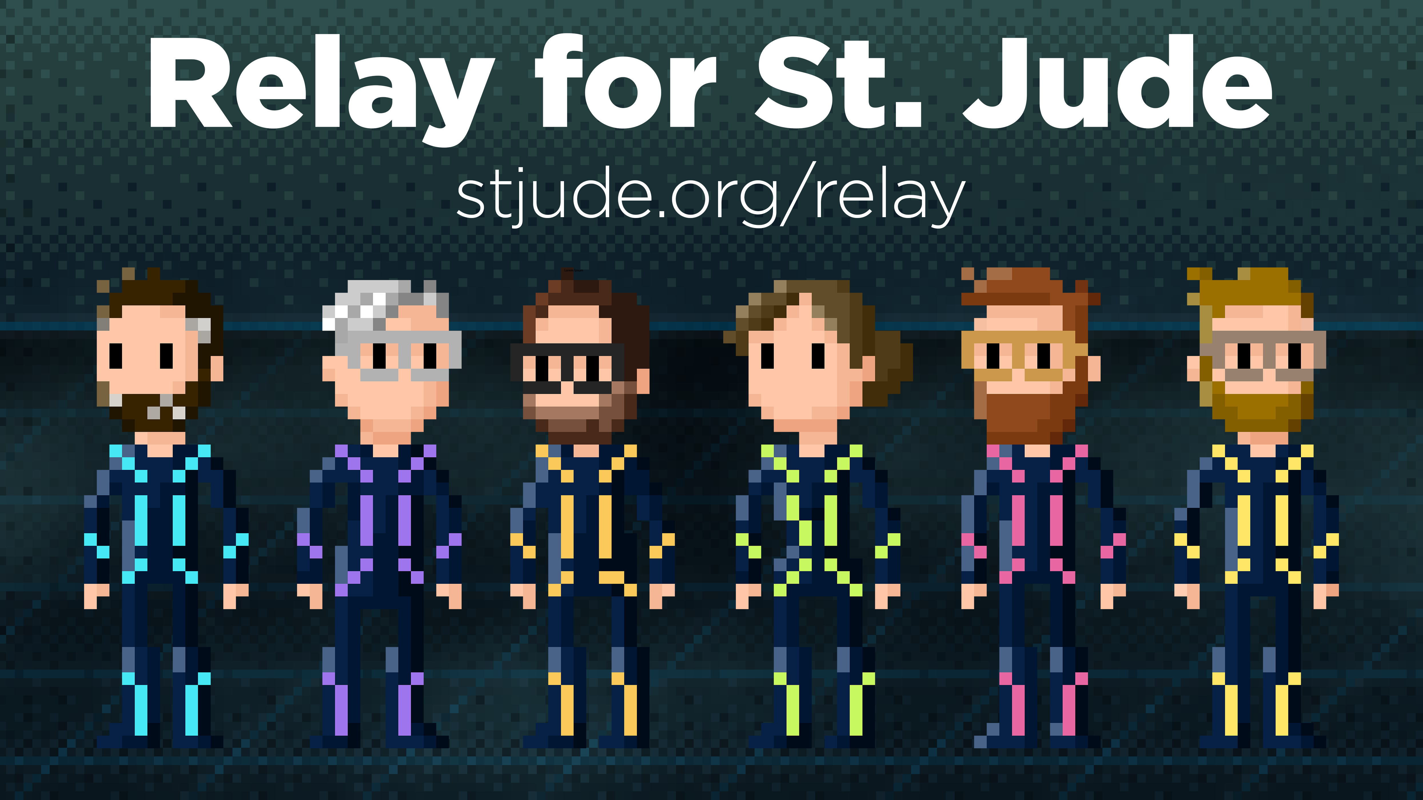Pixel art images of me, Jason, Brad, Kathy, Myke, and Stephen wearing Tron-inspired outfits.