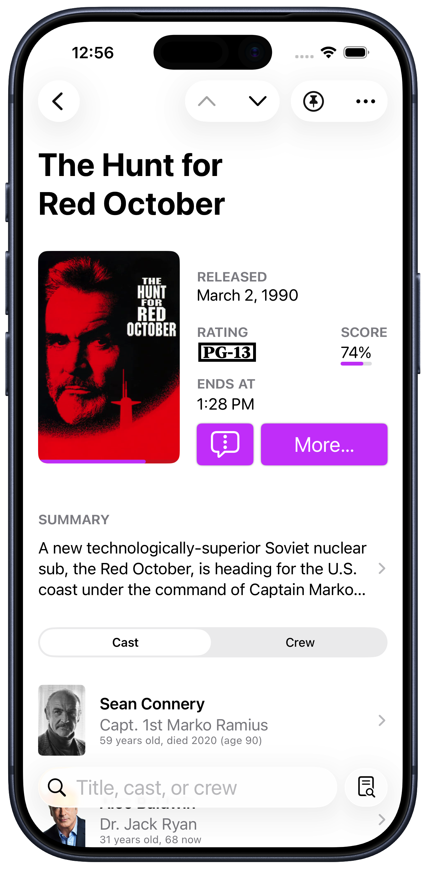 Callsheet screenshot showing "The Hunt for Red October" will end at 1:28 PM.