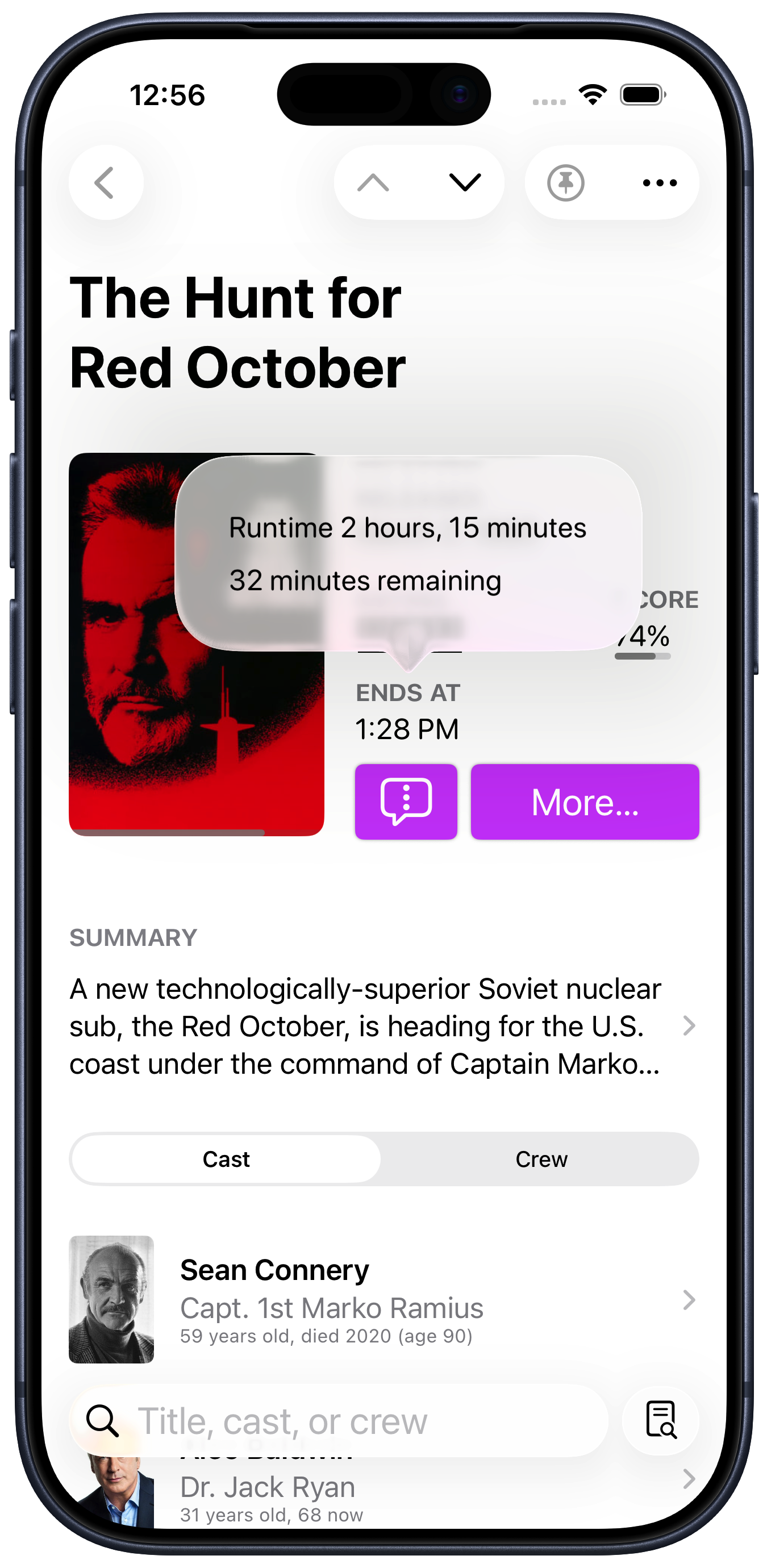 Callsheet screenshot showing "The Hunt for Red October" will end at 1:28 PM.