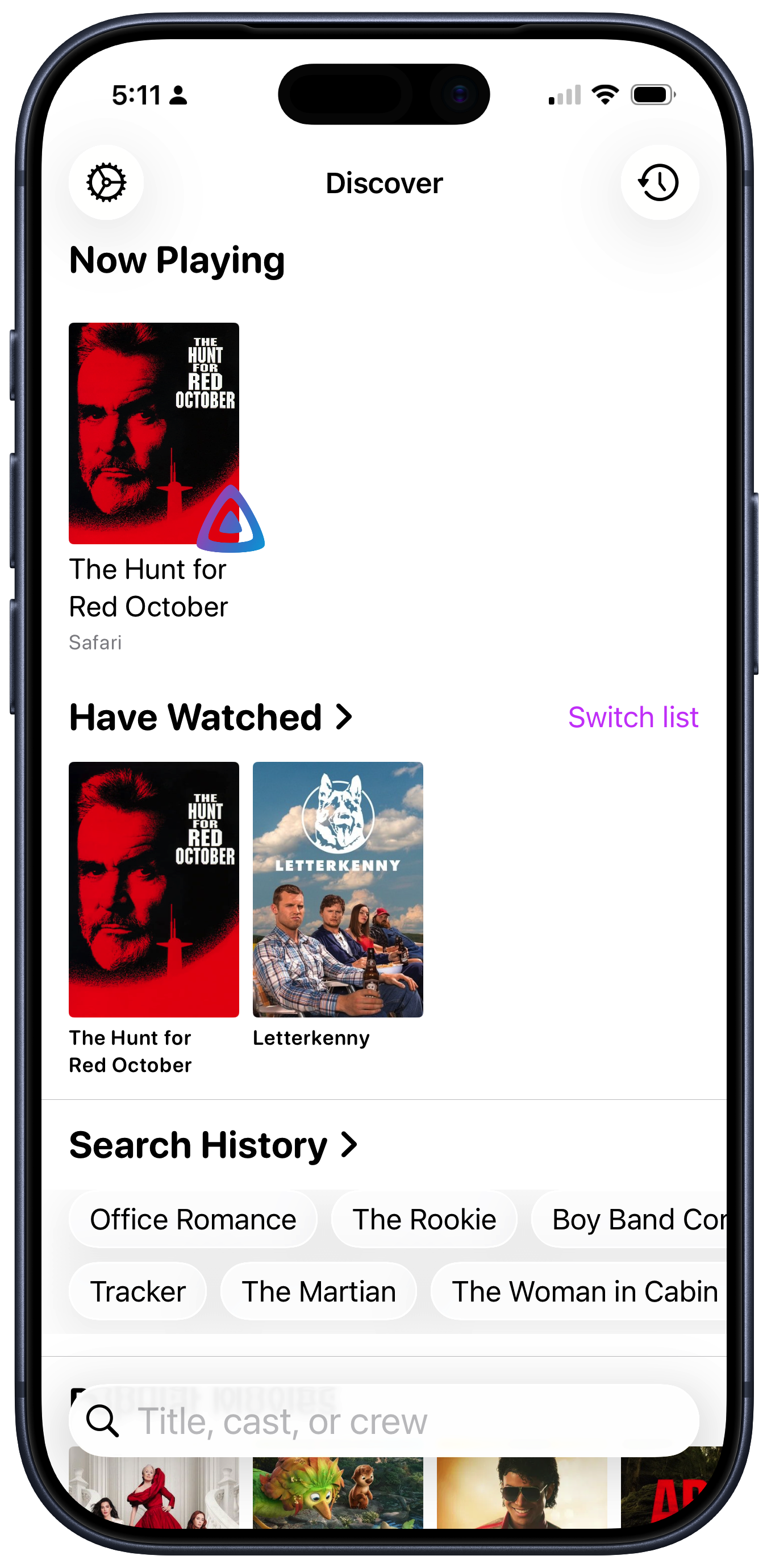 Screenshot of an Callsheet showing "The Hunt for Red October" now playing