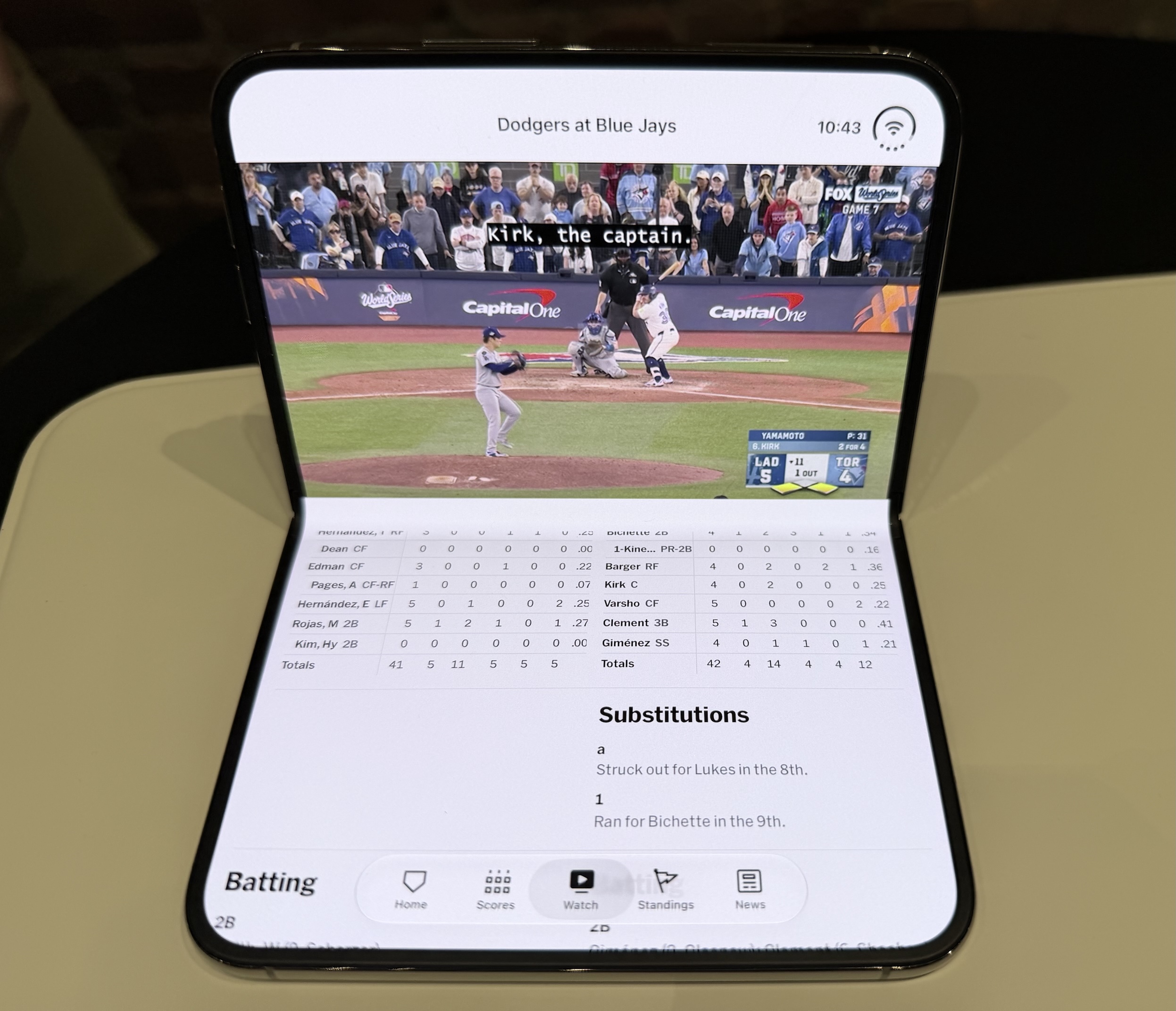 An iPhone Duo in "laptop" mode, showing the MLB app.